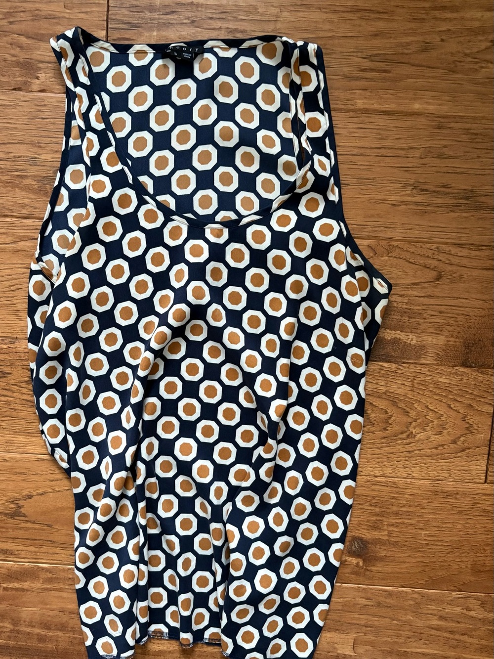 Theory Silk Navy Blue Geometric Print top